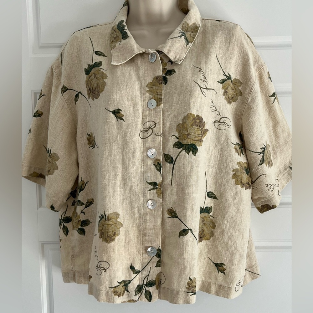 Sweet Jessie 100% Linen Neutral Floral Short Sleeve Button Up Shirt Top Size L
